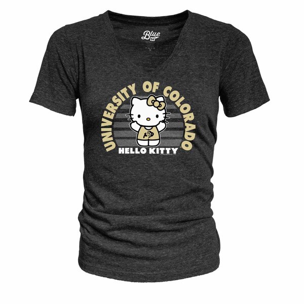 Charcoal gray CU Boulder V-neck T-shirt with Hello Kitty graphic centered inside gray stripes, surrounded by “University of Colorado” text in gold and white.